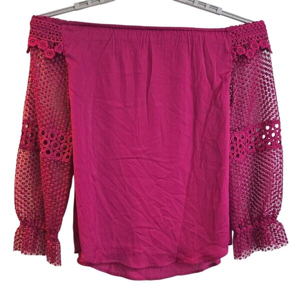 Roaman’s Women’s 14W Magenta Off Shoulder Lace Sleeve Top Plus Size Boho Chic - Picture 8 of 9